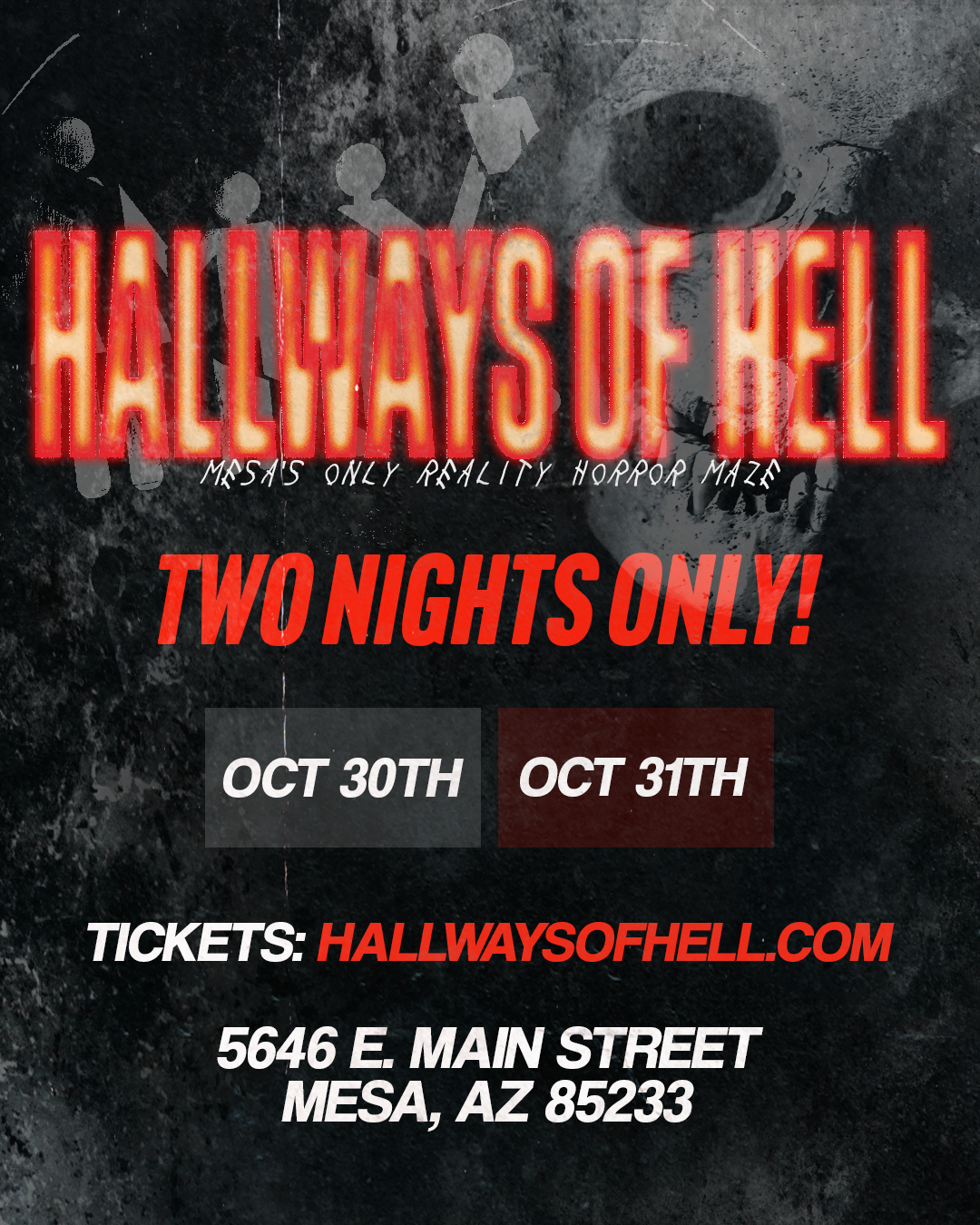 Hallways of Hell event poster featuring a dark, distressed hallway